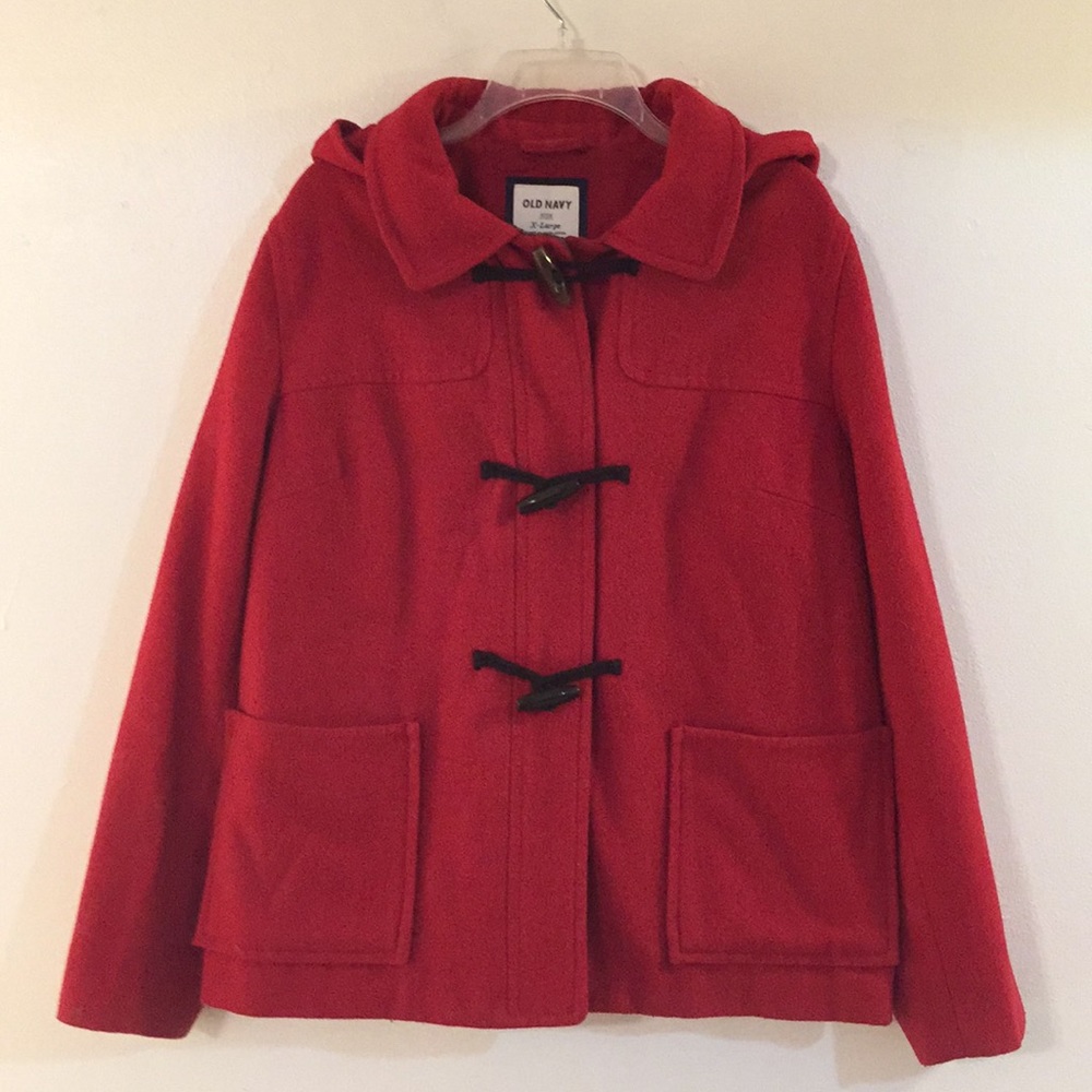 Red Wool Blend Hooded Peacoat